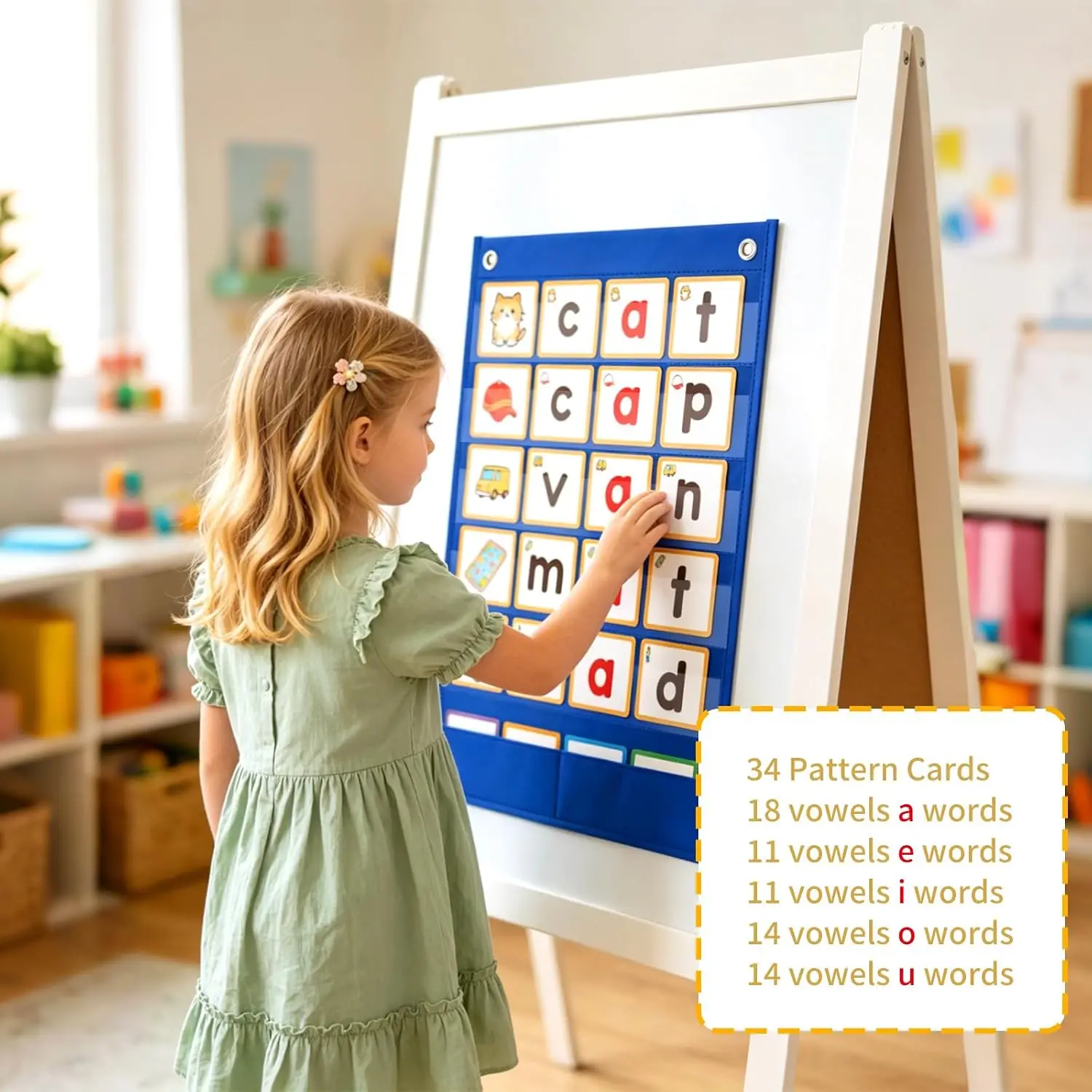 Magnetic CVC Pocket Chart 144 Phonics Flash Cards Double-Sided for Classroom Preschool Kindergarten with 2 Storage Bags
