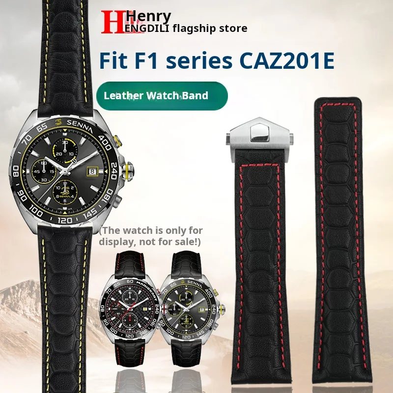 

Men's Genuine Leather Watch Strap 22mm for tag heuer Carrera Monaco F1 watchband Red Yellow line Cowhide Stainless steel buckle