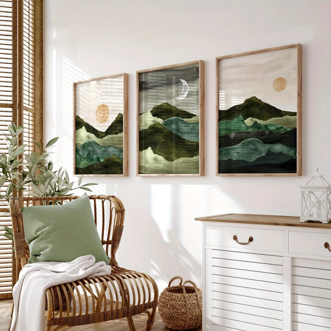 3pcs Set, Wall Painting, Vintage Poster, Green Valley Landscape Wall Painting, Sun And Moon Background Painting, Room Decoration