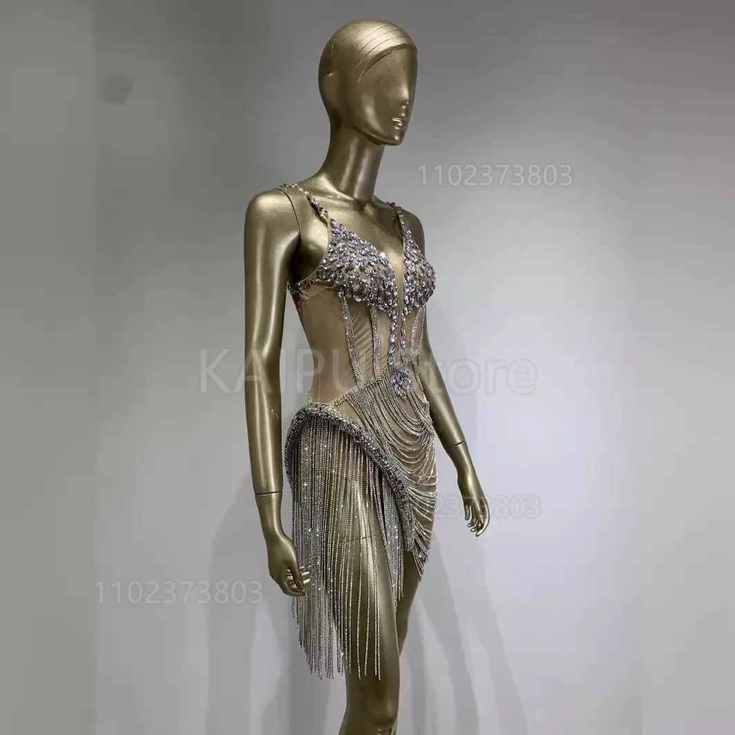 Robe de luxe à bretelles en strass, chaîne en diamant, robe de Banquet, de Club, de spectacle sur scène, de pom-pom girl, brillante