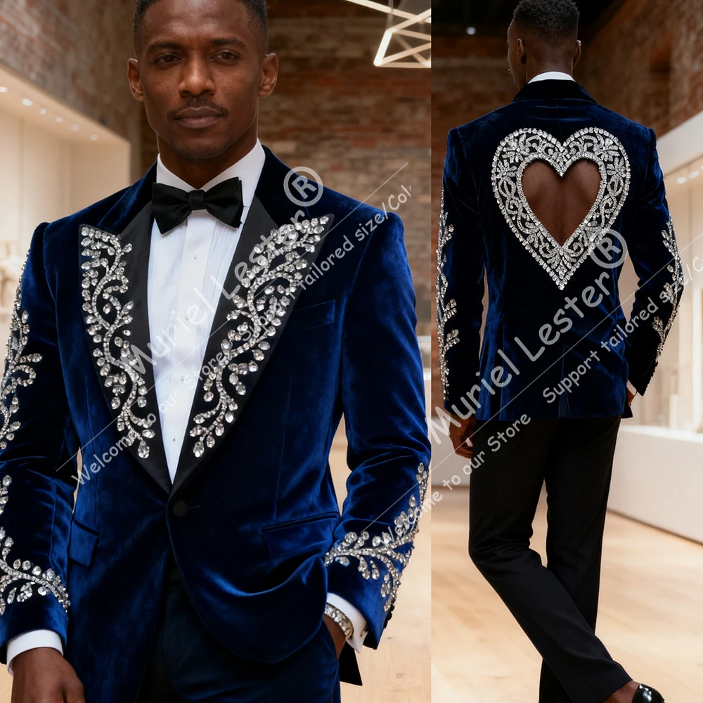 

Brilliant Beaded Stones Suit Attire For Men Slim Fit Black Satin Label Velvet Groom Blazers Customized 2 Piece Wedding Tuxedos