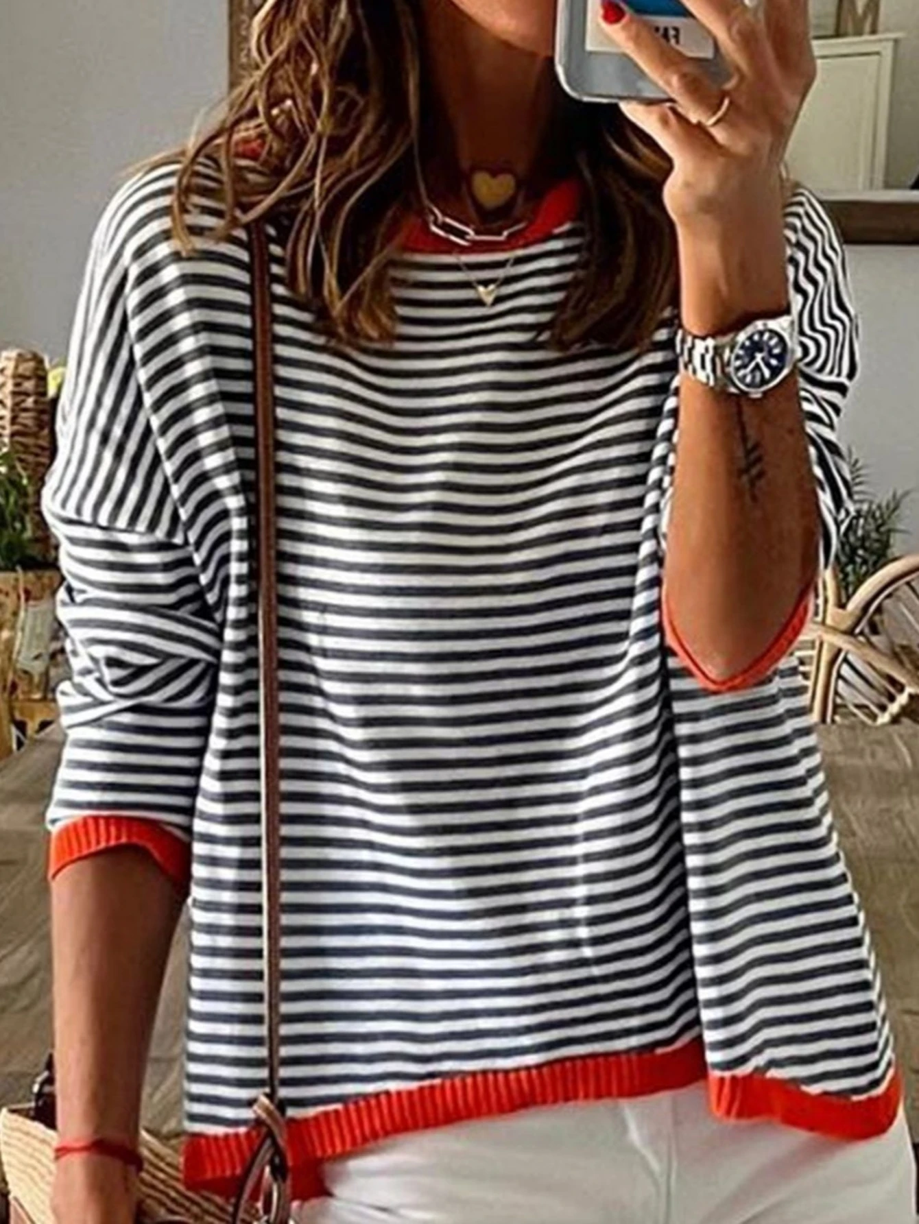 

Женский полосатый свитер с длинным рукавом и круглым вырезом, осенне-зимний модный удобный повседневный стиль для повседневной носки