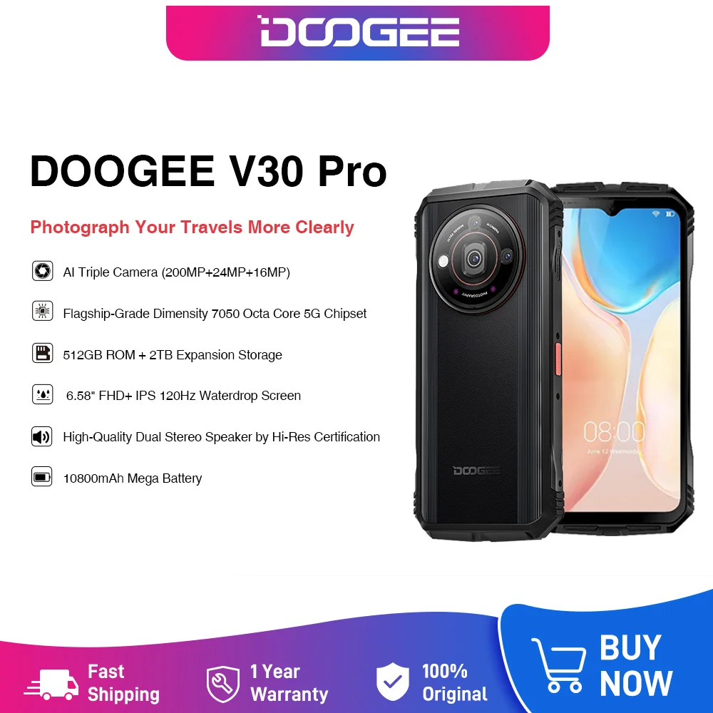 DOOGEE V30 Pro 32 RAM + 512 ROM 200 MP Kamera Wymiar 7050 5G 6,58 "FHD 120 Hz Wyświetlacz 10800 mAh WiFi6 Podwójny głośnik stereo Hi-Res