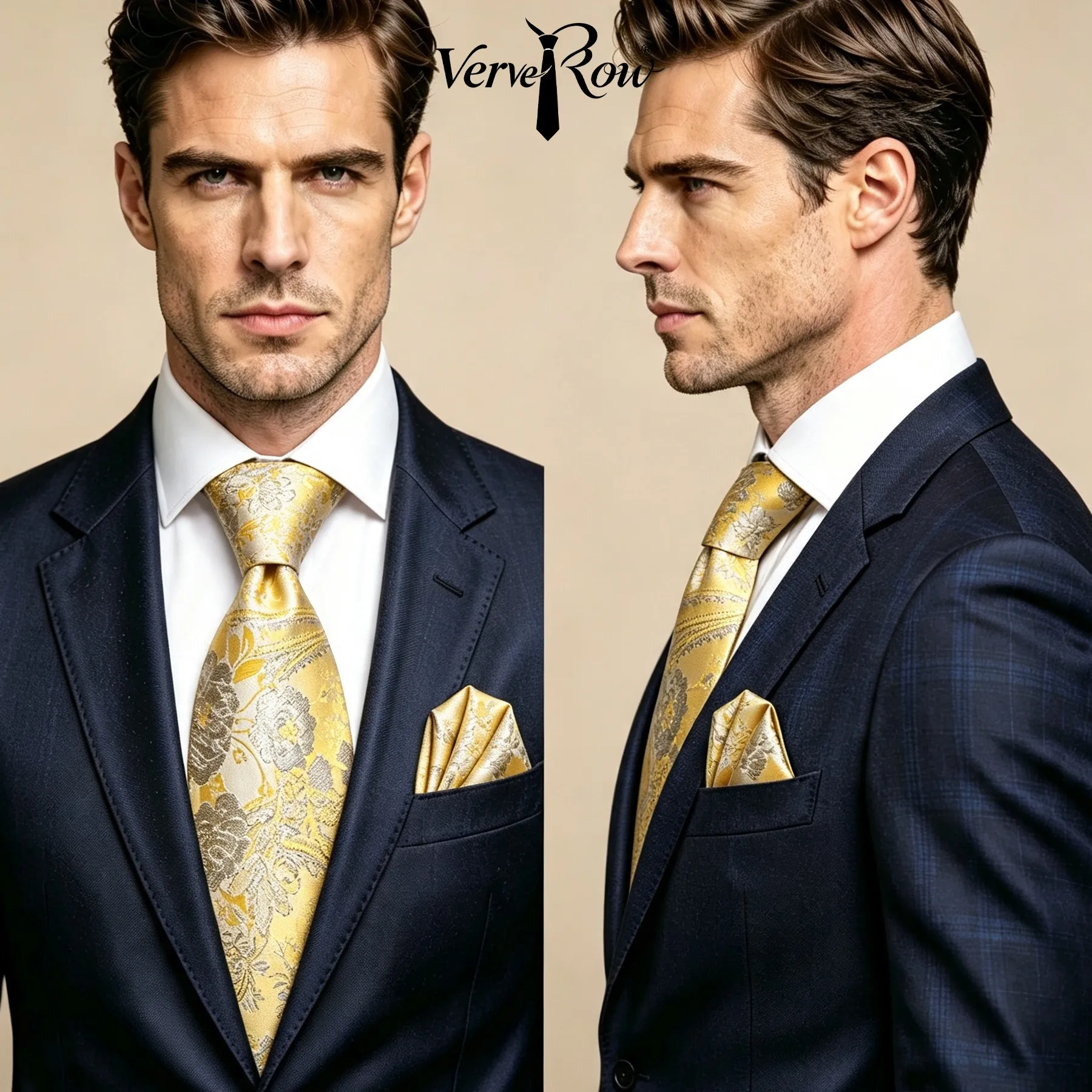 VERVEROW Men Champagne Floral Jacquard Necktie Pocket Square Set Luxury Formal Tie Handkerchief Suit for Wedding Banquet Party