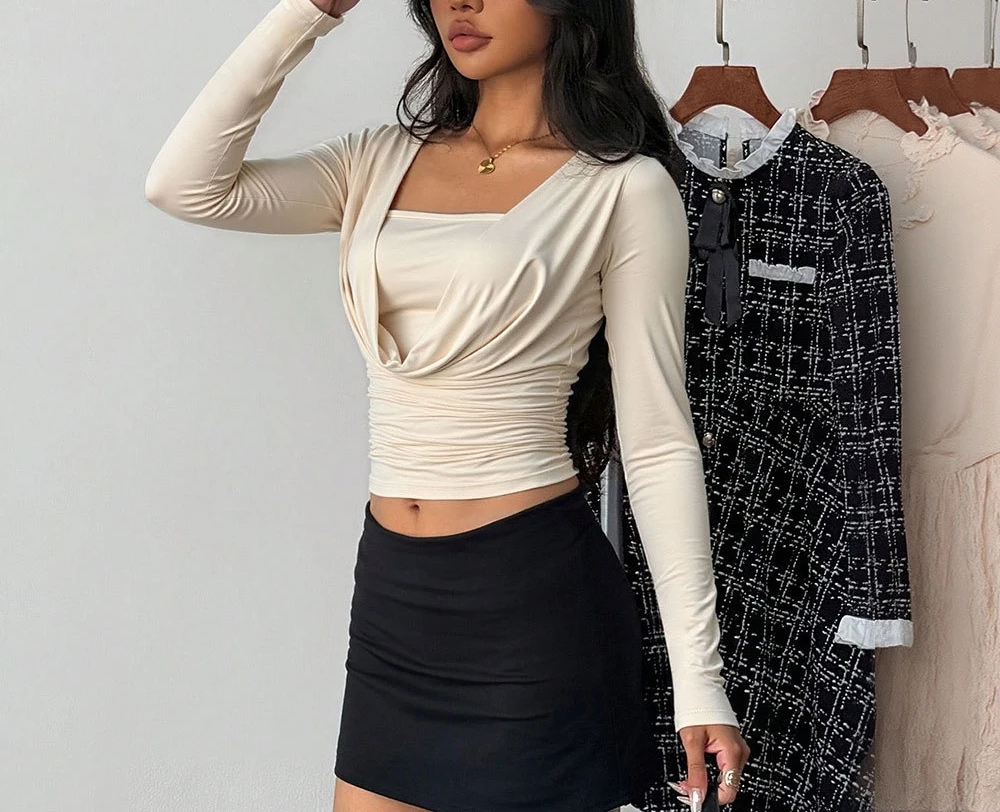 

Temperament Inner Top Knitted Sweater Swinging Collar Short Autumn and Winter Slim Fit Inner and Outer Wear Y2K Long Sleeves