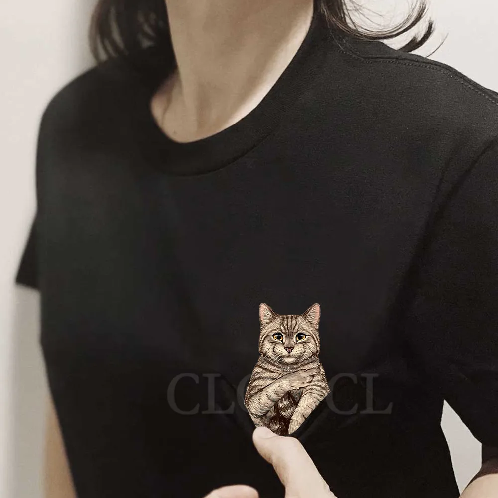 CLOOCL Funny Cats Cotton T-shirts Cartoon Tabby Kitten Double Middle Finger Pockets Short Sleeve Shirts Mens For Women Clothing