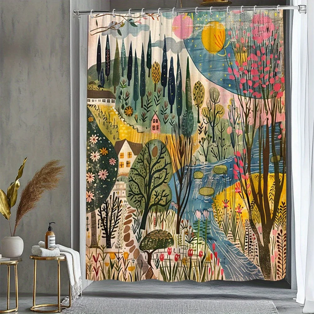 Vibrant Watercolor Garden Mural Shower Curtain Bohemian Forest Landscape Bathroom Decor Shower Curtain