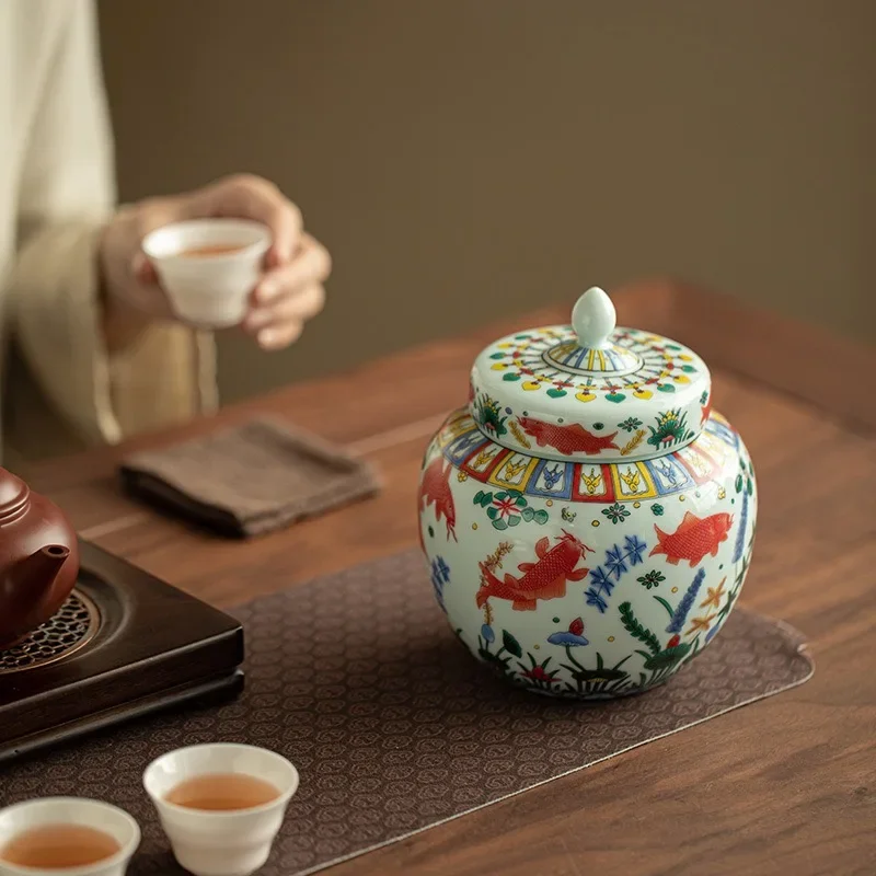 1PC Jingdezhen Fish and Algae Pattern Enamel Color Tea Pot Moisture-proof Sealed Ceramic Jar Apple Shape Ceramic TeaSet Ornament 4