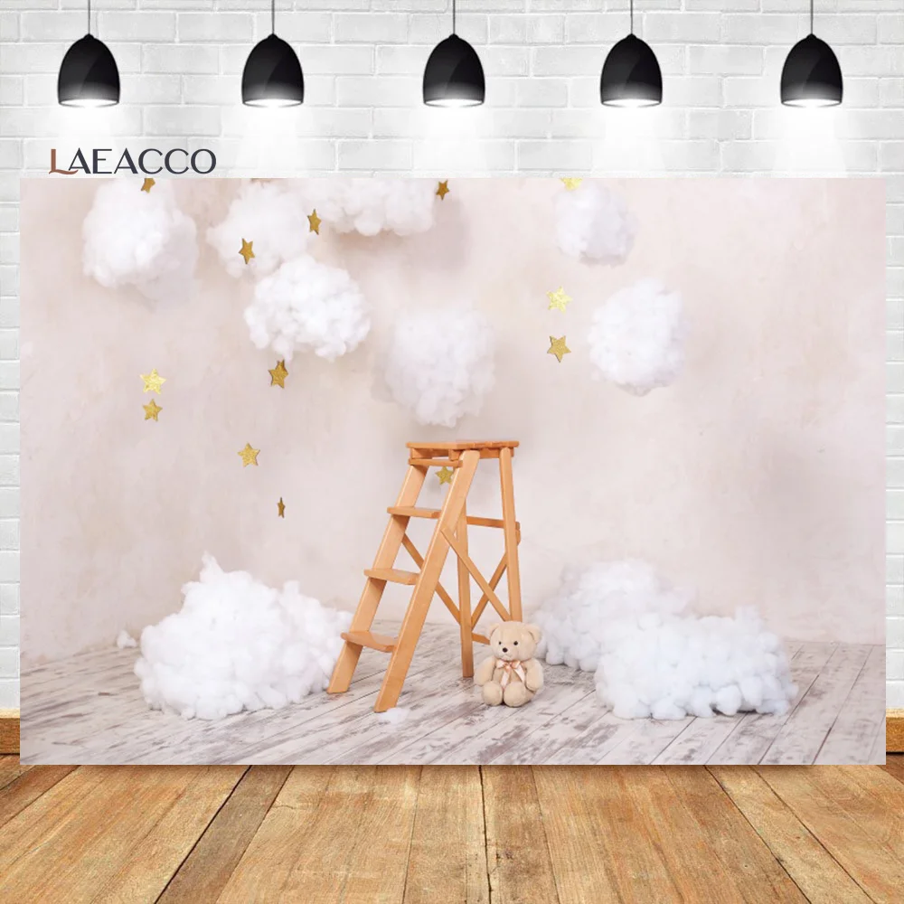 Laeacco White Clouds Newborn Photo Backdrop Blue Sky Glitter Stars Baby Shower Kids Cake Smash Portrait Photography Background