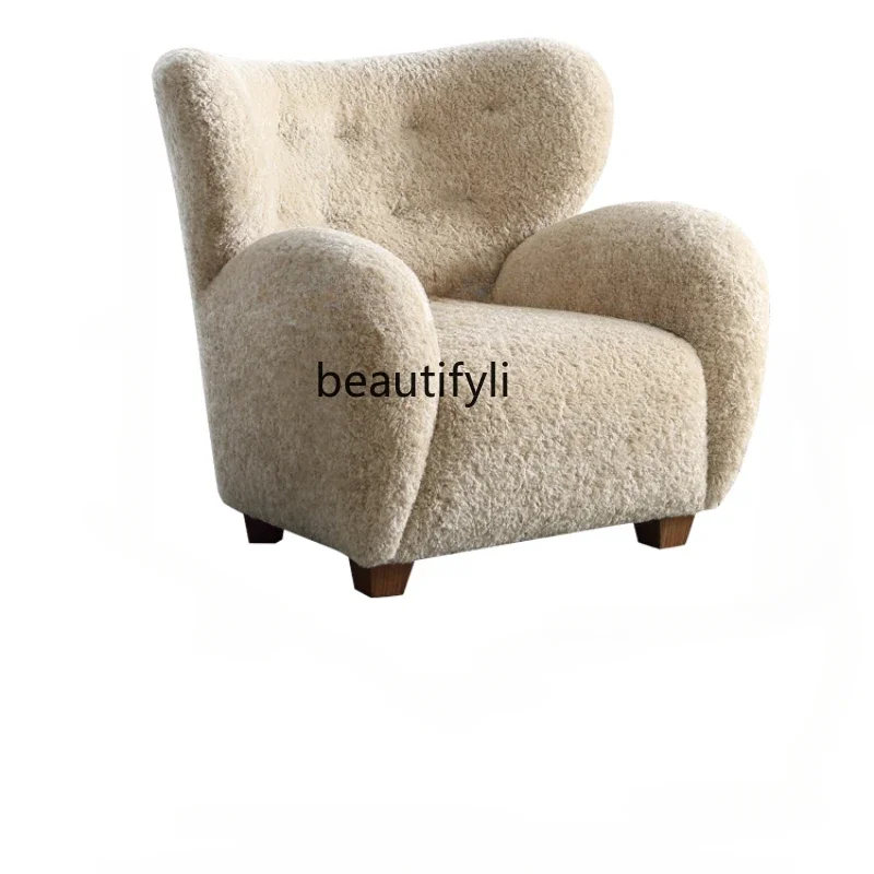 French single sofa chair medieval living room balcony lamb wool teak single sofa