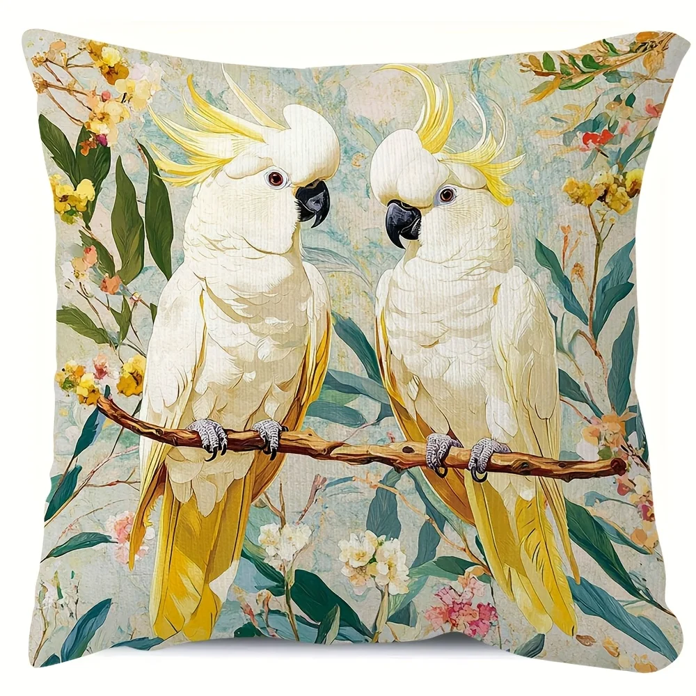 2D flat- Vintage Tropical Cockatoo Floral Throw Pillow Cover Decorative Square Cushion Case for Home Living Room Bedroom Sofa