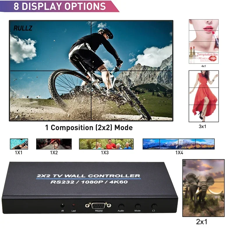 4K 60Hz RS232 2x2 TV Wall Controller 1x2 1x3 1x4 2x1 3x1 4x1 HDMI Video Wall Processor 4 TV Splicing Box Multi Screen Splicer