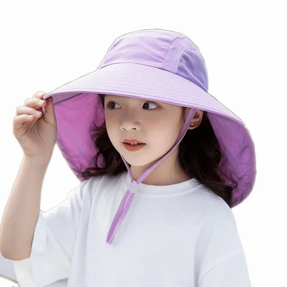 

Casual Solid Color Children Bucket Hat Wide Brim Visor Cap Sunscreen Cap Korean Style Drawstring Summer Sun Hat Outdoor