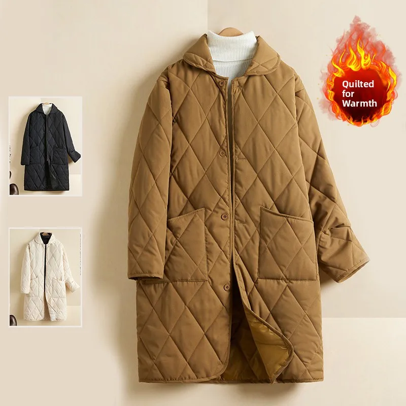 

Thiened Cotton Jaet однотонное зимнее пальто средней длины с длинным воротником све для женщин, повседневное пальто с ромбовидным узором, большой размер Dr