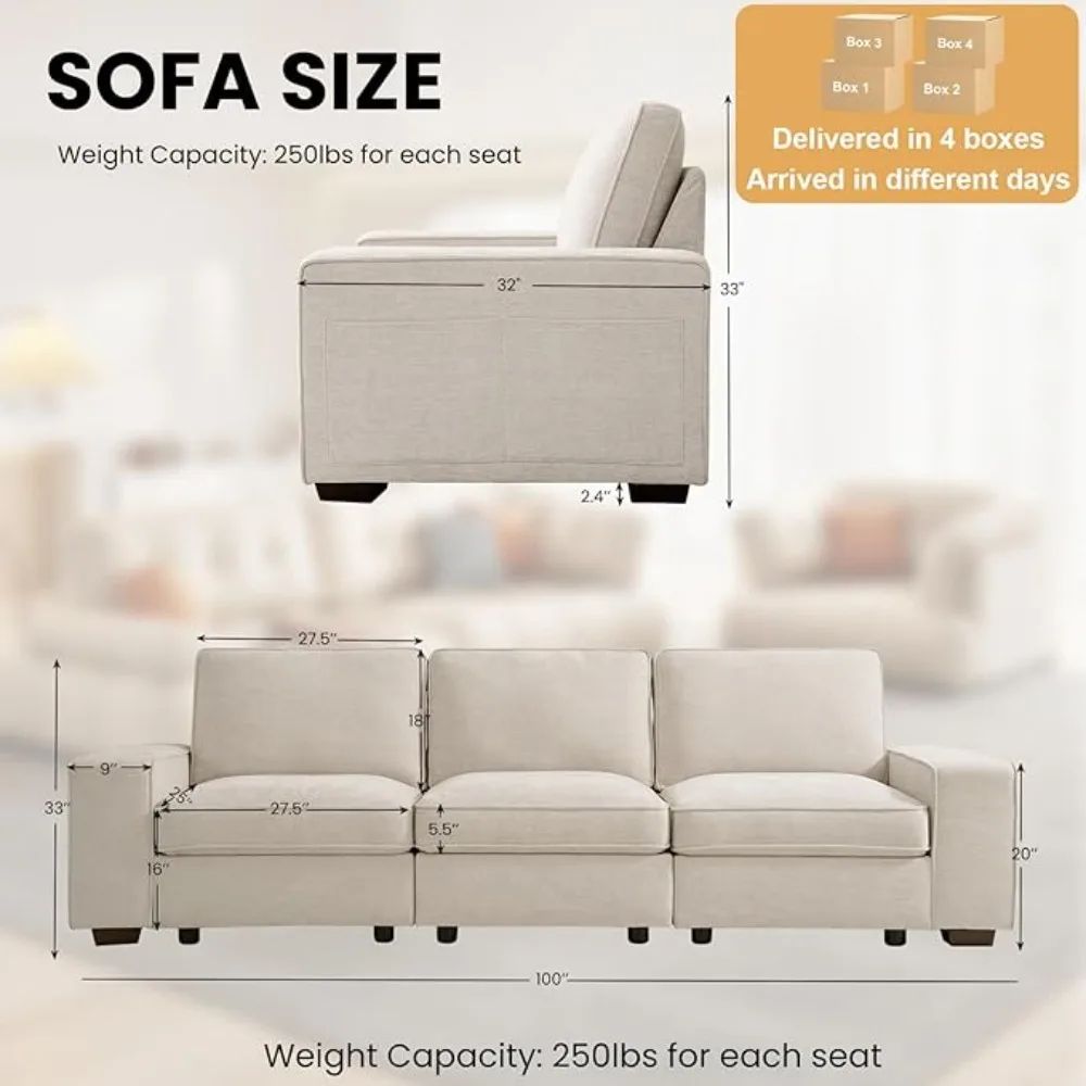 Modular Sofa Couch with Seats Storage, Comfy 3-Seater Chenille Fabric Couch for Living Room, Office, Apart W/Deep Seat,