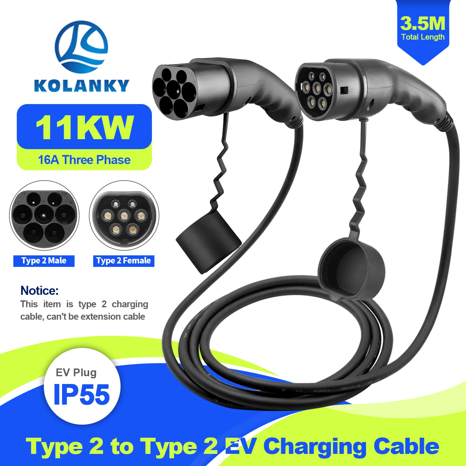 Kolanky 16A 11KW Type 2 Male Public Station Socket To Type 2 Femal Car Socket EV Charging Cable For Electric Vehicle Total 3.5M