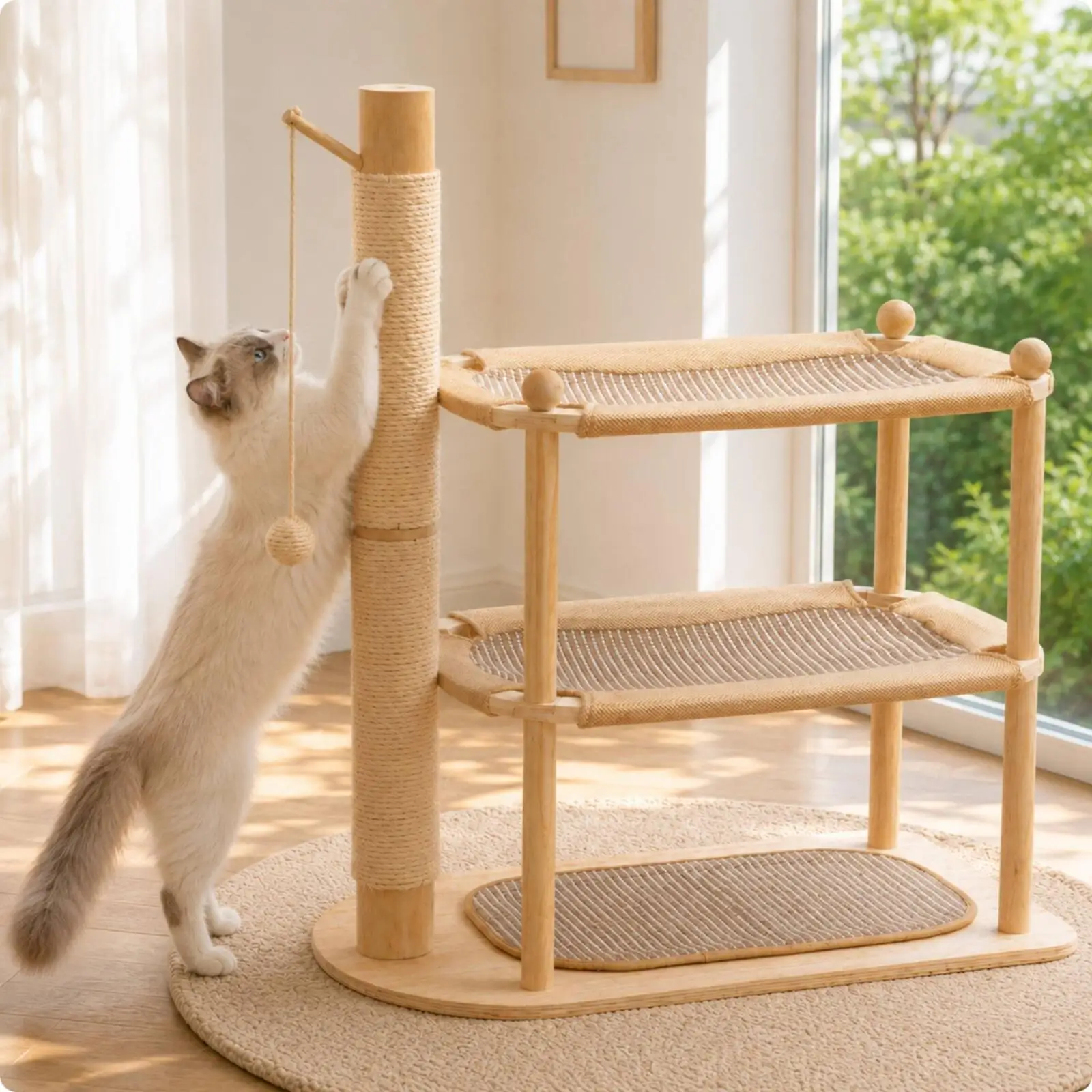 Multi Functional Cat Climbing Frame for Playful Felines with Solid Wood Base and Sisal Wrapped Posts