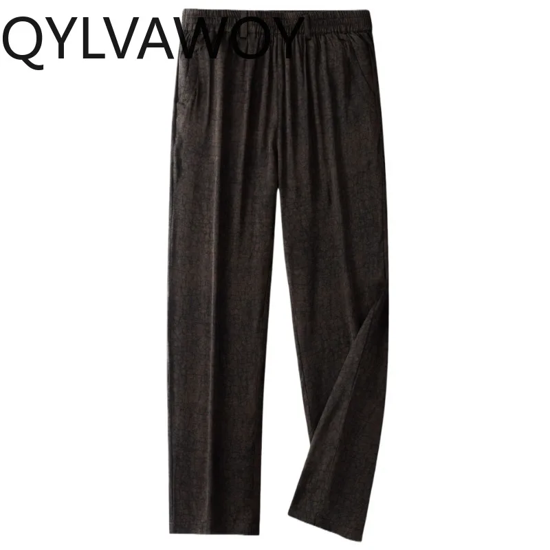 QYLVAWOY 90.8% Real Mulberry Silk Pants for Man Luxury Summer Mens Pants Straight-leg Thin Pants Anti-wrinkle Casual Trousers