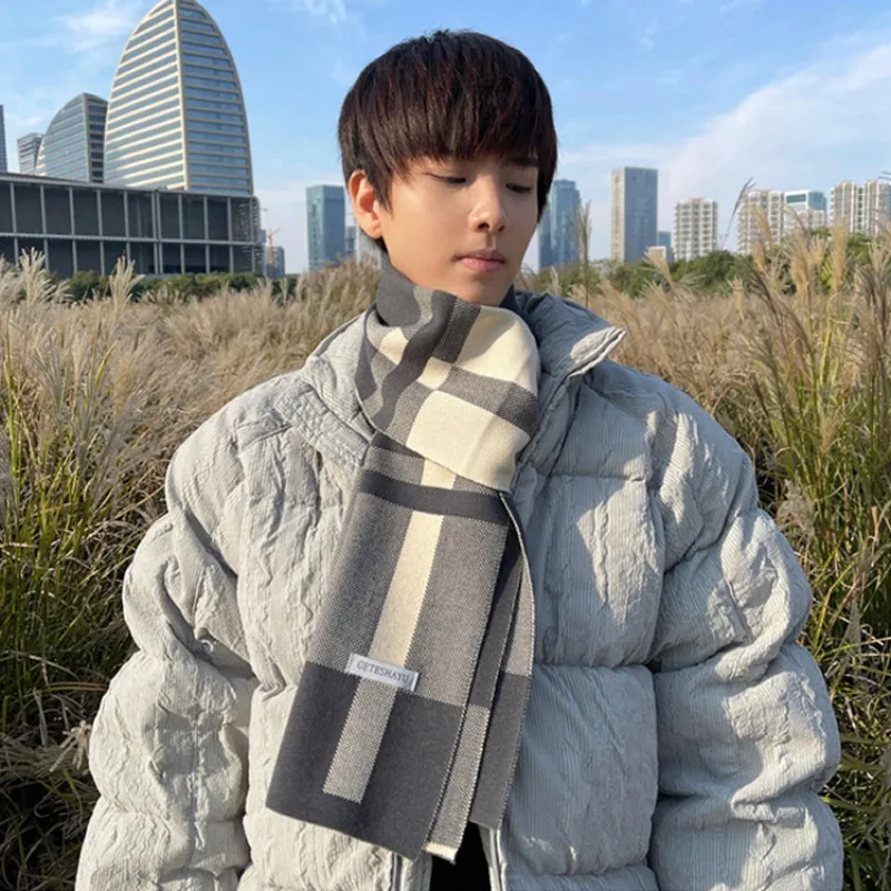 

Winter Men Plaid Long Scarf Versatile Student Warm Scarves Casual Fashion Neckerchief Patchwork Copy Cashmere Scarf Shawl Wrap