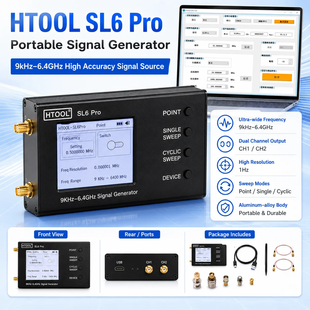 HTOOL SL6 Pro Portable RF Signal Source 9kHz-6.4GHz Point Single Cyclic Sweep USB Type-C SCPI Control