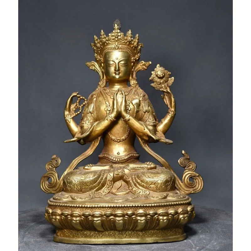 

12" Antique Tibet Tibetan Buddhism temple Bronze gilt Four arms Guanyin statue