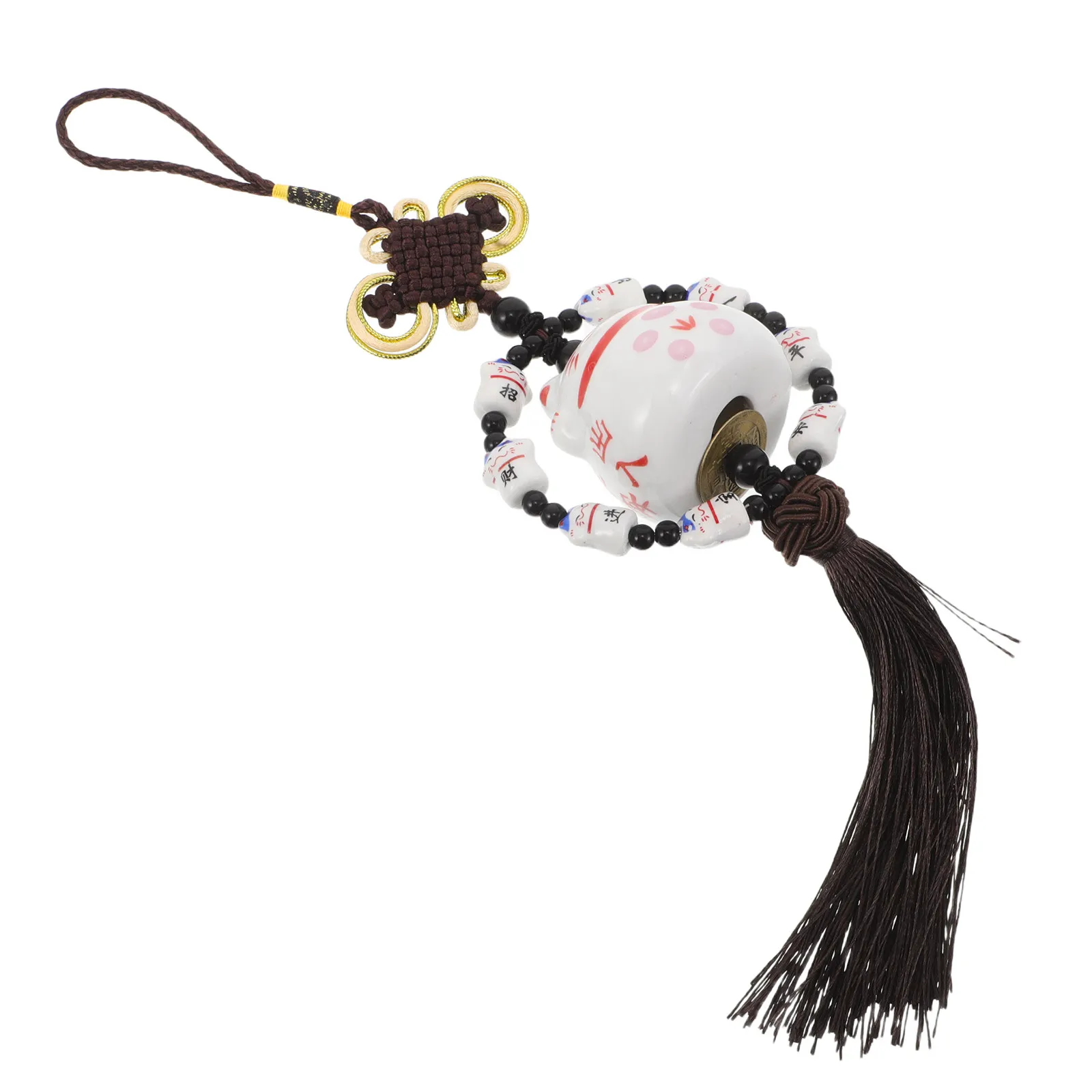 Lucky Cat Rearview Mirror Pendant Ceramic Car Hanging Accessory Maneki Neko Fortune Symbol Safe Driving Decor for Men Women