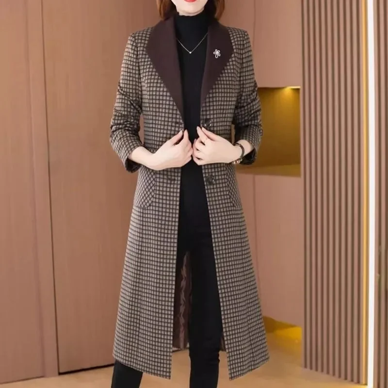 2024 Autumn New High End Mom Plaid Suit Woolen Trench Coat Women Korean Covering Meat Crotch Slim Knee Length Mid Length Coat