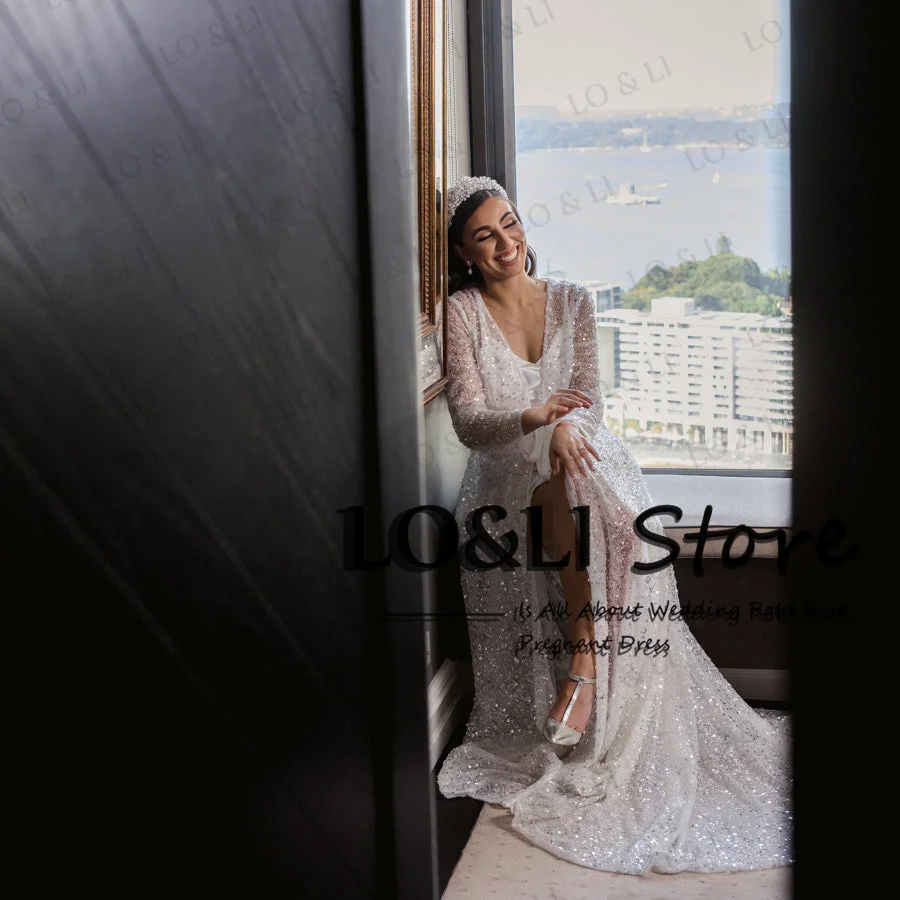 LO&LI Sequins Bridal Robe Wedding Luxury 2023 Floor Length Wedding Gown For Women Bride Customized Birthday Photo Shoot Outfit