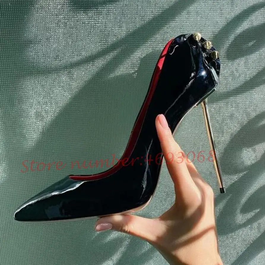 Metal Stud Stilettos Sexy Women Pumps Evening Dress Shoes Summer Pointy Toe Black Pumps Chic Fashion Office Ladies Metal Heels