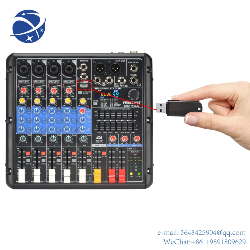 

YYHC 6 Channel Sound Audio Mixer 99 DSP Effect Bluetooth 7 Band EQ Mute Solo Mixing Console USB PC Record Play Party SMR6A