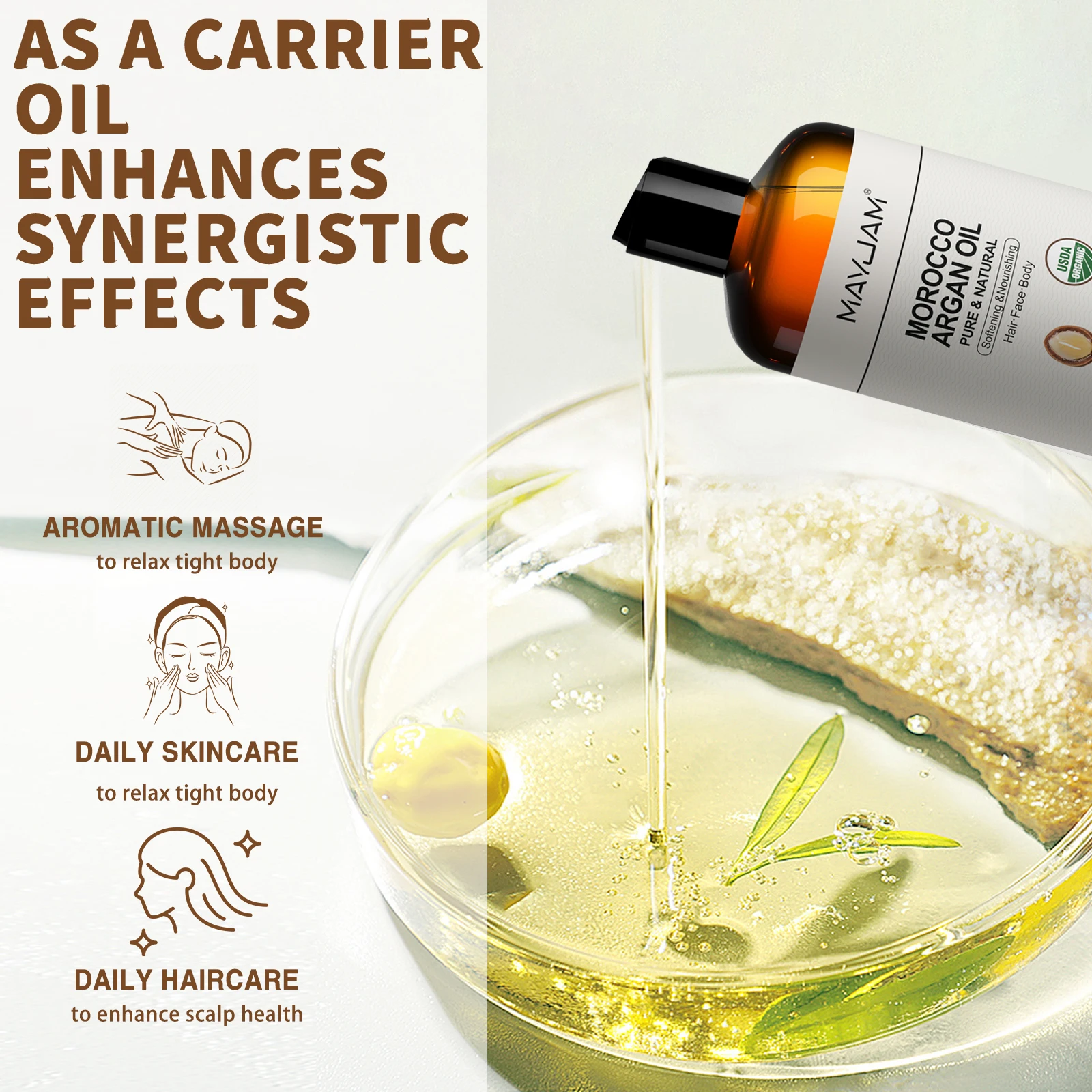 زيت الأركان المغربي العضوي النقي من MAYJAM تدليك على الوجه والشعر والجسم زيت اللوز الحلو المضغوط على البارد معتمد من USDA 473 مل زيت الوجه