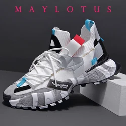 2025 Fashion Men Platform Sneakers Breathable Comfortable Sport Shoes Chunky Knitting Mesh Sneakers Casual Shoes White Sneakers