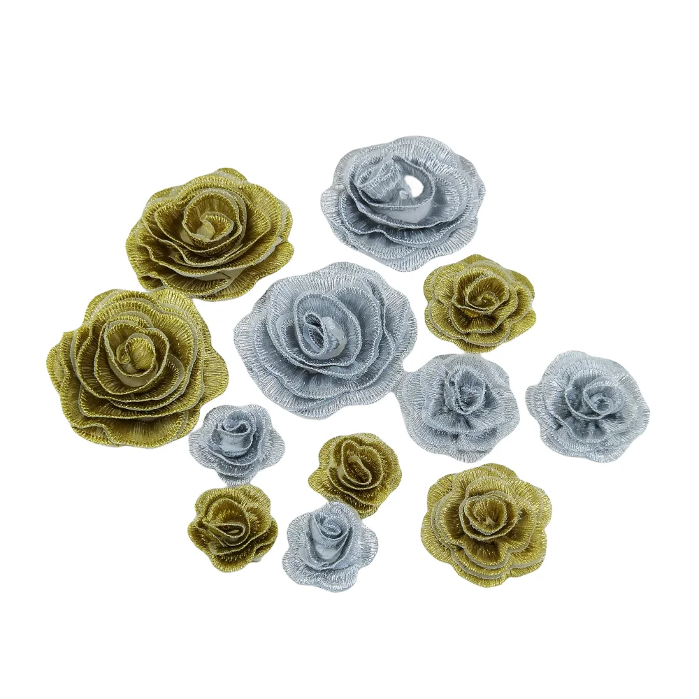 10pc 3D Rose Embroidery Patch Flower Applique Sew On Gold Patches For Clothing Parches Ropa Sewing Accessories AC1424