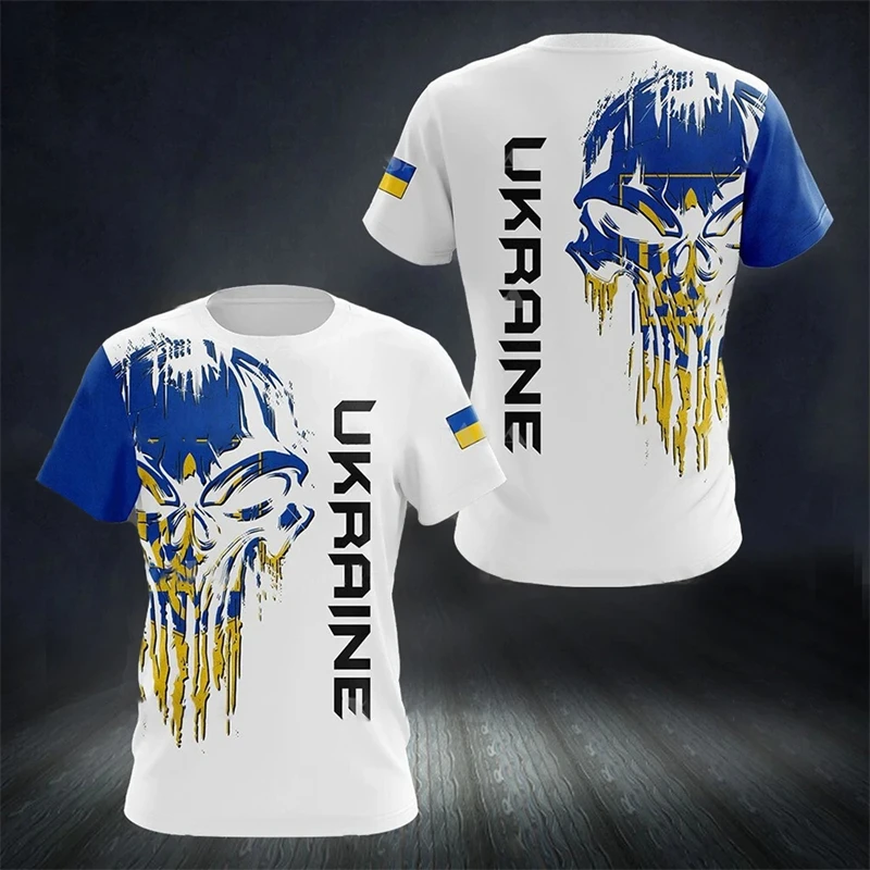 Men Women Ukraine Flag Skull T-Shirt,3D Print Short Sleeve Casual Streetwear Ukraine Pride Patriotic Tee Outdoor football jersey