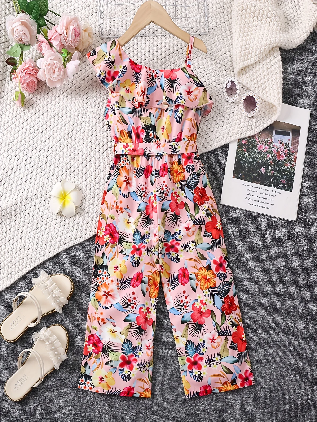 Summer Girls' Digital Printed Ruffle Suspender Bow Tie Fashionable Wide-leg Jumpsuit