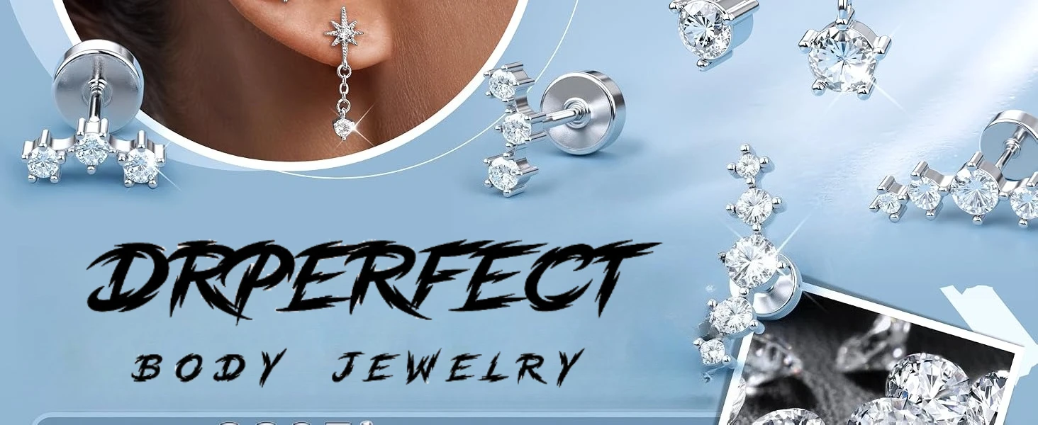 Drperfect Ohrstecker mit flacher Rückseite und silberner Nadel für Damen, Knorpelohrringe für empfindliche Ohren, Tragus-, Conch- und Helix-Piercing-Schmuck – Detail 2