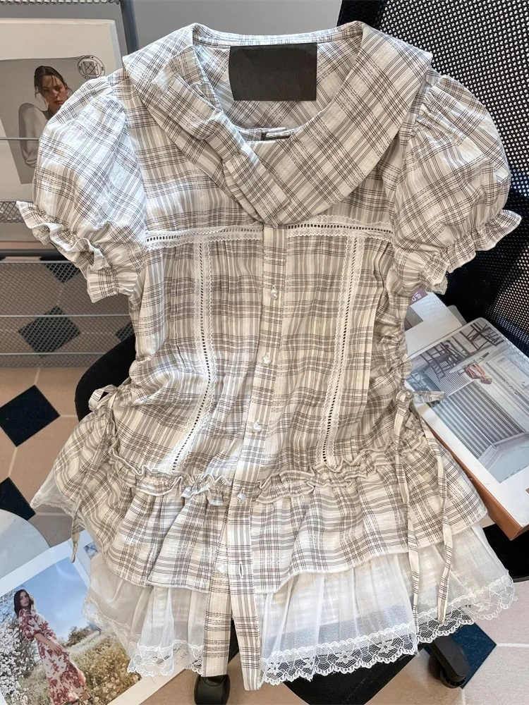 

French Sweet Blouses Peter Pan Collar Puff Sleeve Tops Plaid Lace Ruffles Draw String Shirts Summer Female Slim Women's Clothing