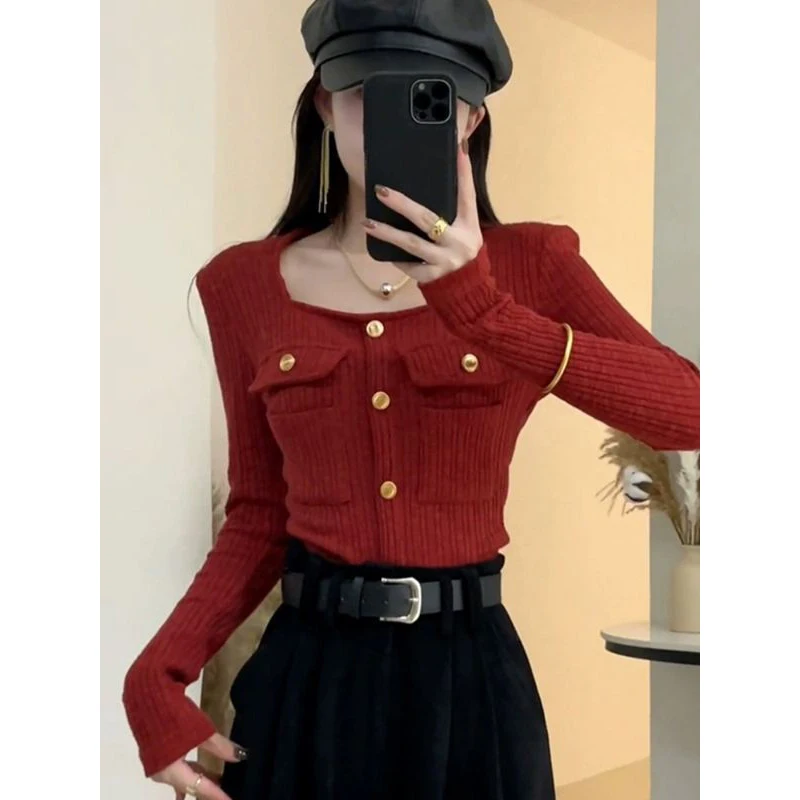 

Ele Вязаный топ женский для поездок на работу Sle корейская версия базовый слой irt ort Sve Long Sve с квадратным воротником чистый цвет