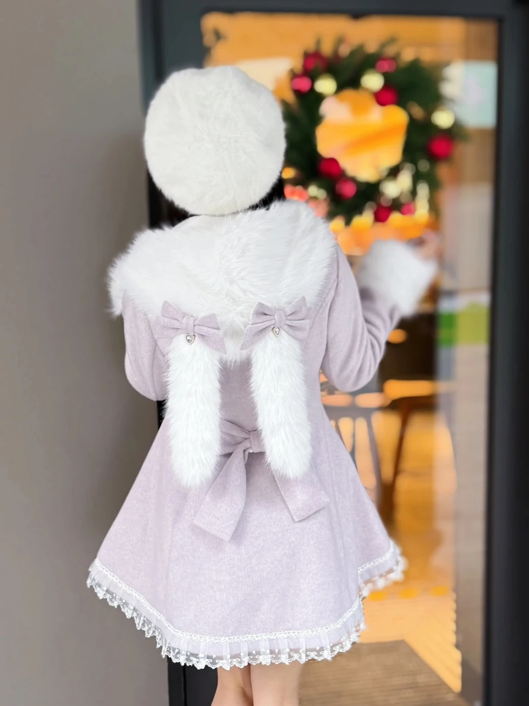 

Пальто с кроличьими ушками Kawaii, съемная шапка, двухслойное утолщенное шерстяное пальто, серия Mine, пальто средней длины в стиле Лолиты массового производства