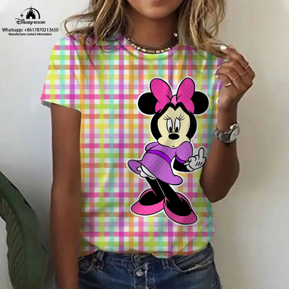 Bequemes Damen Kurzarm T-Shirt niedlichen Mickey Minnie Cartoon Kurzarm T-Shirt 2024 Sommer Mode lässig T-Shirt