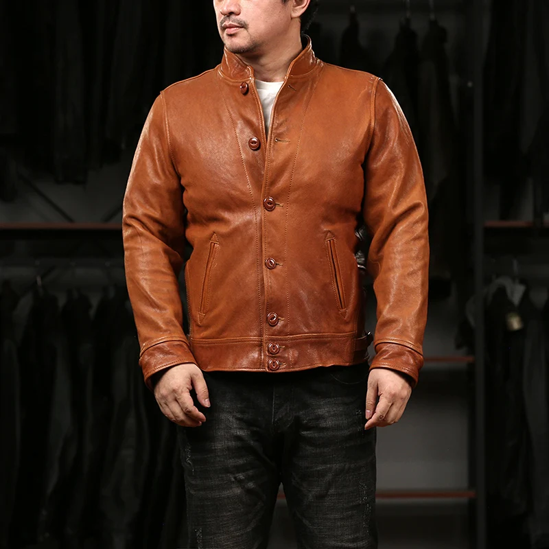 Autumn Winter High Quality Genuine Leather Classic Coat Orange Slim Men's Vegetable Tannin Vintage Goatskin Jacket