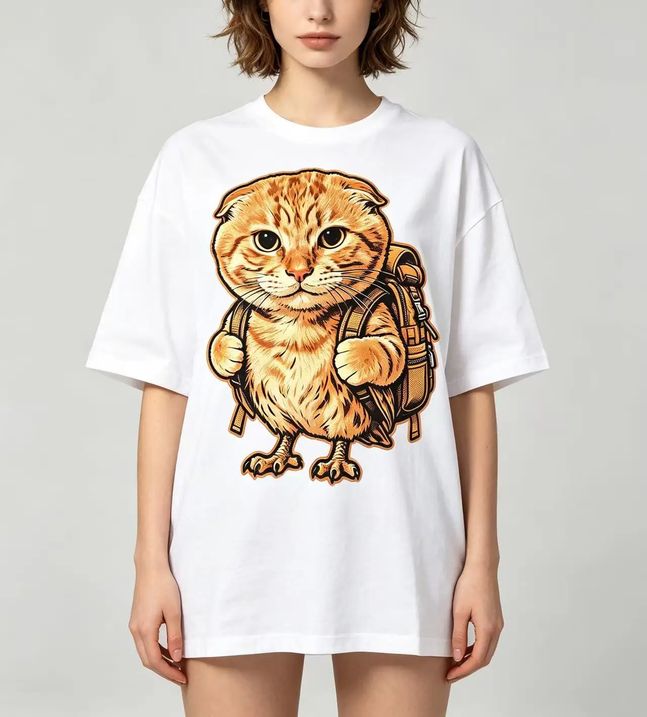 Unisex Cute Scottish Fold Cat With Backpack Graphic T‑Shirt Men Women Funny Pet Animal Oversized Cotton Short Sleeve Tee