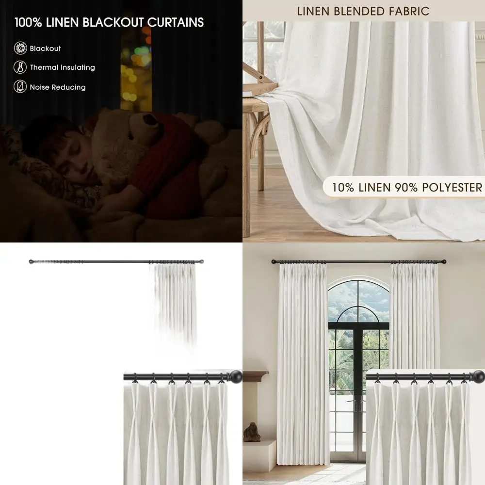

Natural White Linen Pinch Pleat Blackout Curtains, 100% Light Blocking, 96 Length, 2-Panel Set with Hooks, Thermal Insulated Dra