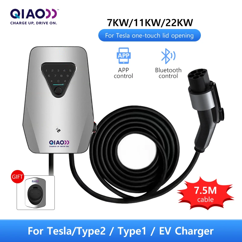 QIAO New Home Level 2 EV Charger Fingerprint Password 7.3KW 11KW 22KW WIFI Bluetooth APP Control 7.5 M Charging Charging Station