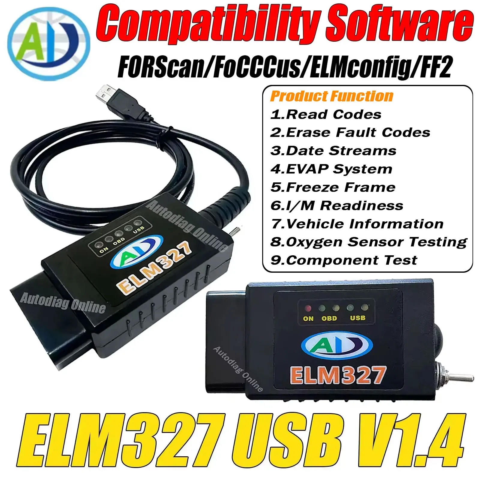 ELM327 Scanner V1.4 FTDI FT232RL PIC18F2480 Chip CAN-HS/MS for Ford Forscan Code Reader Tool Automotive OBD2 ELM327 USB Scanner