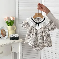 Roupas de bebê com colarinho floral, tops e bloomer, terno para meninas, criança verão, 2 peças