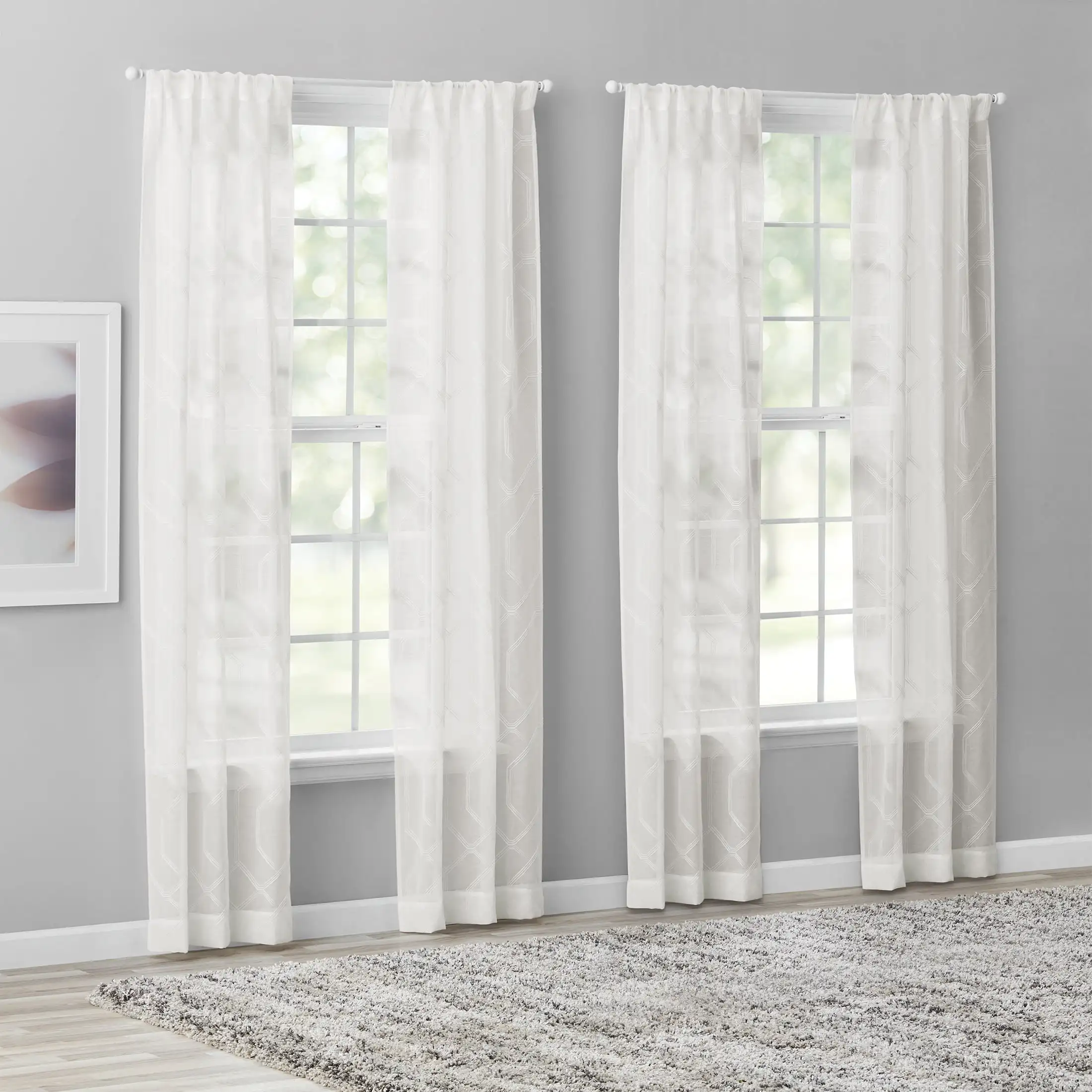 

Modern Geometric Rod Pocket Sheer Curtains, Set of 4, White, 28 W X 84 L