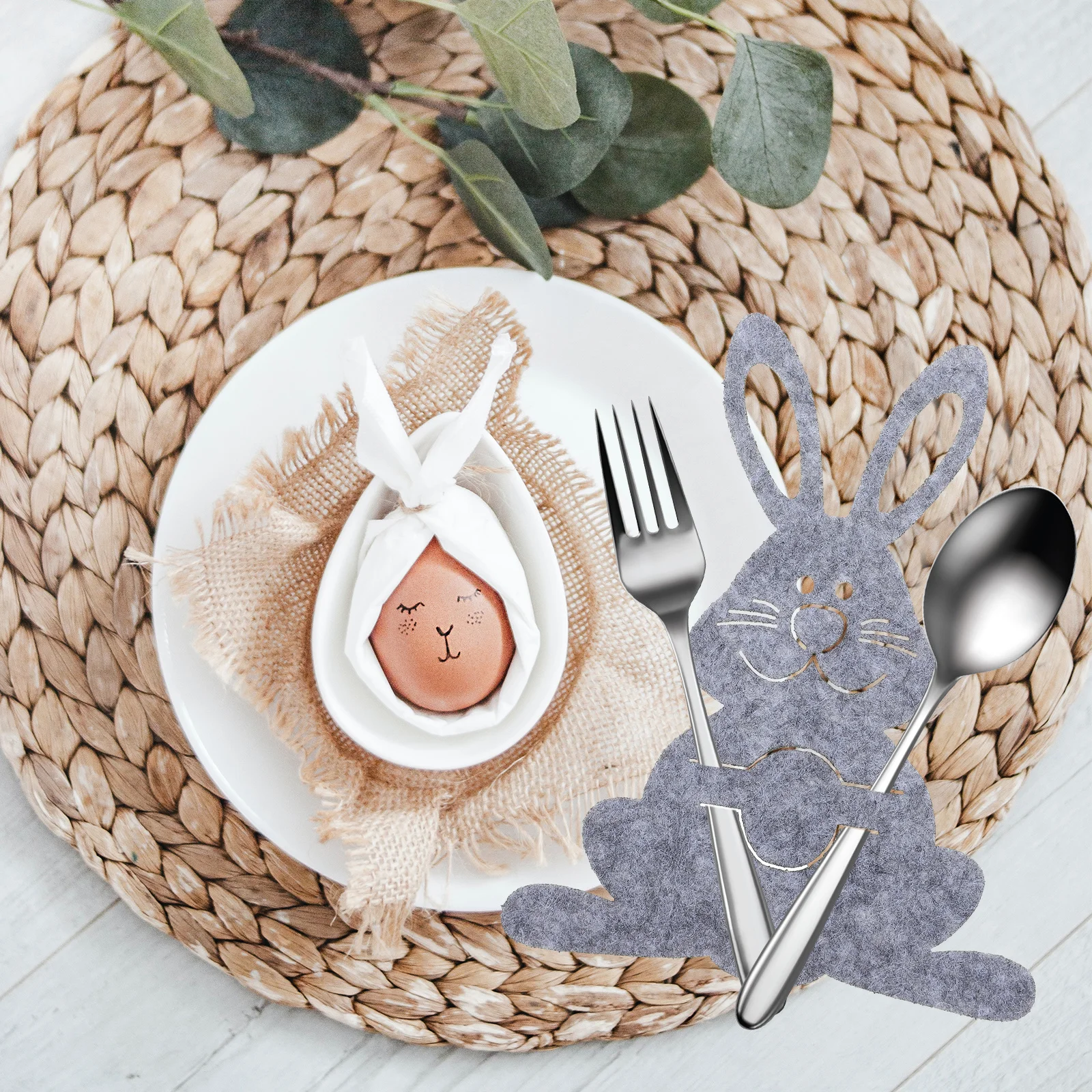 

12Pcs Bunny Tableware Sleeves Easter Cutlery Bags Rabbit Shape Silverware Holders Dining Party Decoration Easter Tableware Bag