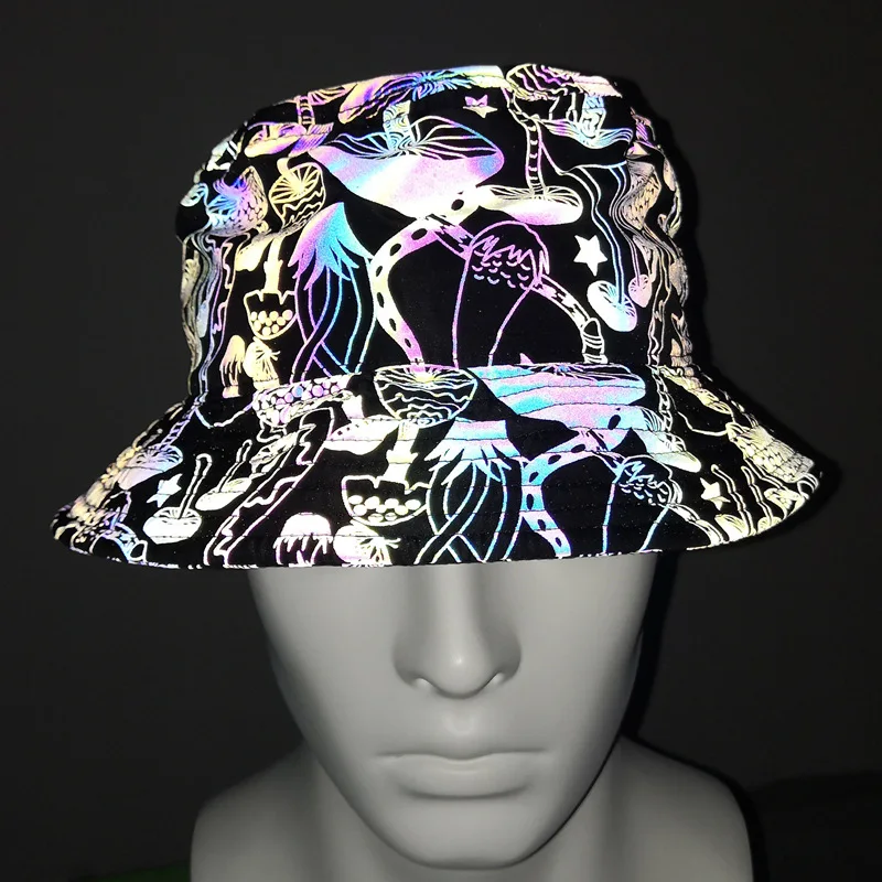 Colorful Reflective Bucket Hats Men Night Reflect Light Women Punk Rock Hip Hop Caps Panama Party Hat Fishing Cap Gorro Gorras