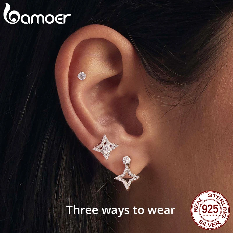 BAMOER Fashion Moissanite Stud Earrings with Certificate, S925 Silver Customizable Lab Created Diamond Earrings Fine Jewelry